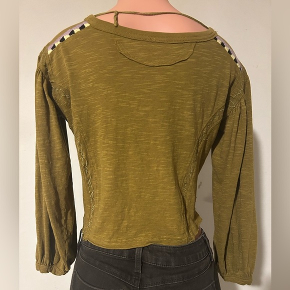 Free People Boho Moss Green Top Long Sleeve Embroidered Size XS - Picture 7 of 10
